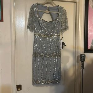 Dusty blue fully beaded,sequin and pearled cocktail dress with sleeves
